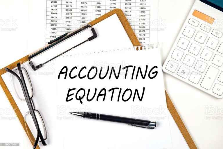 Text ACCOUNTING EQUATION on white paper on clipboard with chart and calculator